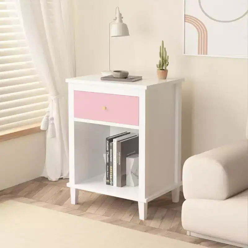 26.77''H Wooden Nightstand with One Drawer One Shelf for Kids, Adults, Pink+Golden handle