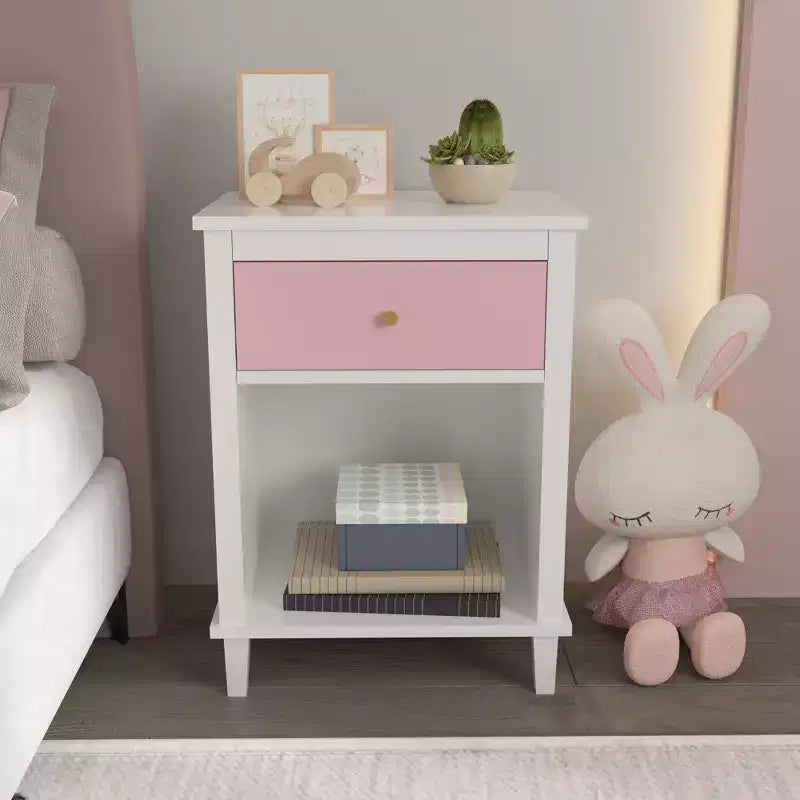 26.77''H Wooden Nightstand with One Drawer One Shelf for Kids, Adults, Pink+Golden handle