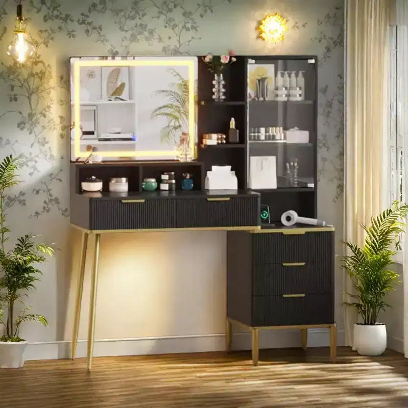 Scrivania da toeletta scanalata, scrivania da trucco con 5 cassetti, ripiano portaoggetti, illuminazione a 3 colori con luminosità regolabile per camera da letto