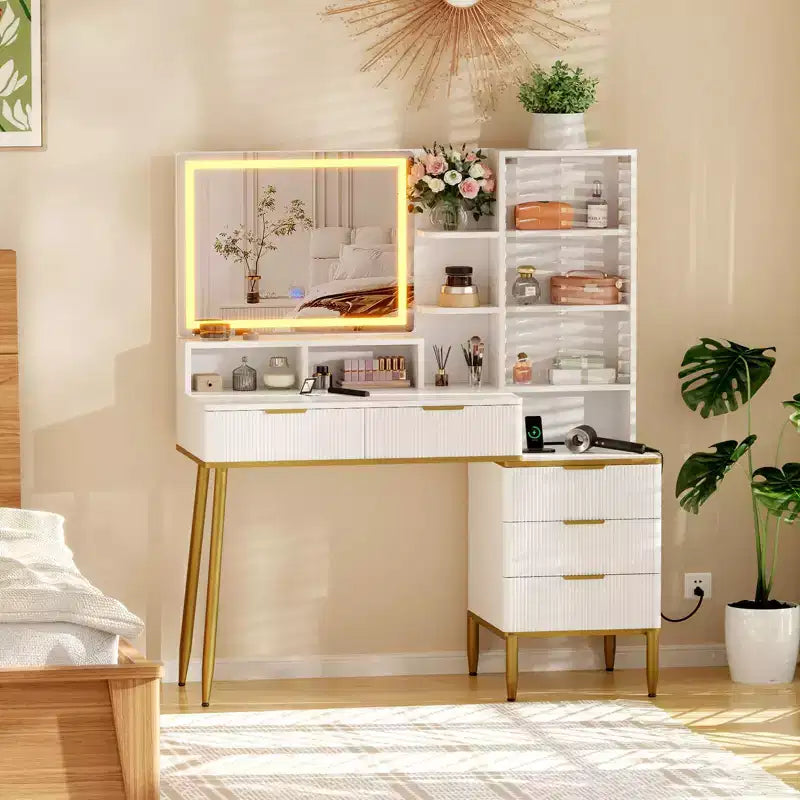 Scrivania da toeletta scanalata, scrivania da trucco con 5 cassetti, ripiano portaoggetti, illuminazione a 3 colori con luminosità regolabile per camera da letto