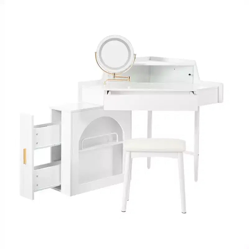 Toeletta d'angolo per trucco Whisen, set da trucco moderno, tavolo da trucco con specchio, sgabello e ampio spazio di archiviazione - Bianco