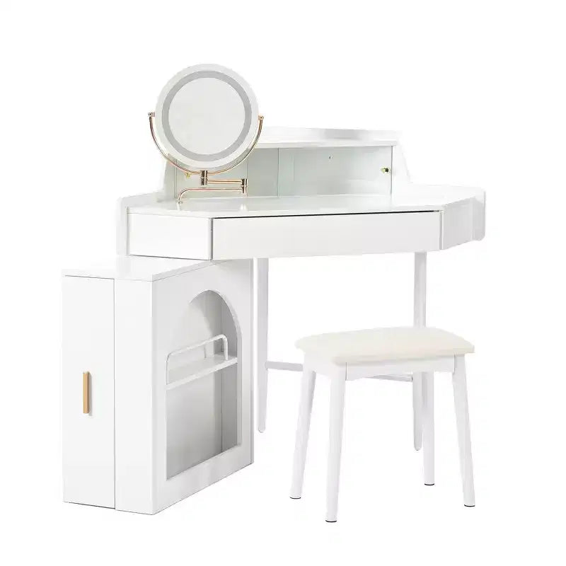 Toeletta d'angolo per trucco Whisen, set da trucco moderno, tavolo da trucco con specchio, sgabello e ampio spazio di archiviazione - Bianco