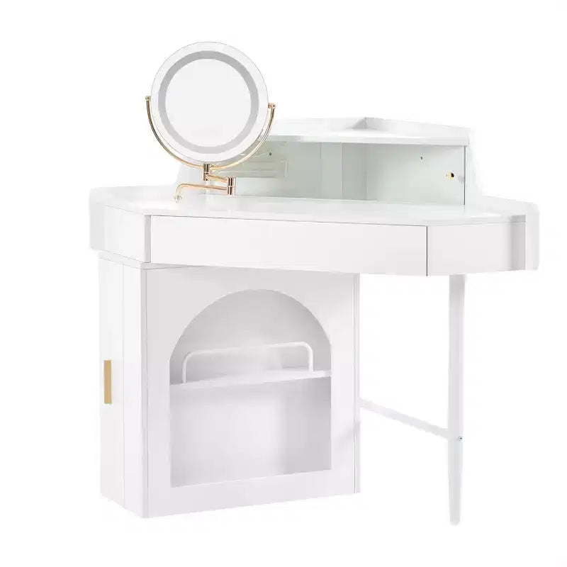 Toeletta d'angolo per trucco Whisen, set da trucco moderno, tavolo da trucco con specchio, sgabello e ampio spazio di archiviazione - Bianco