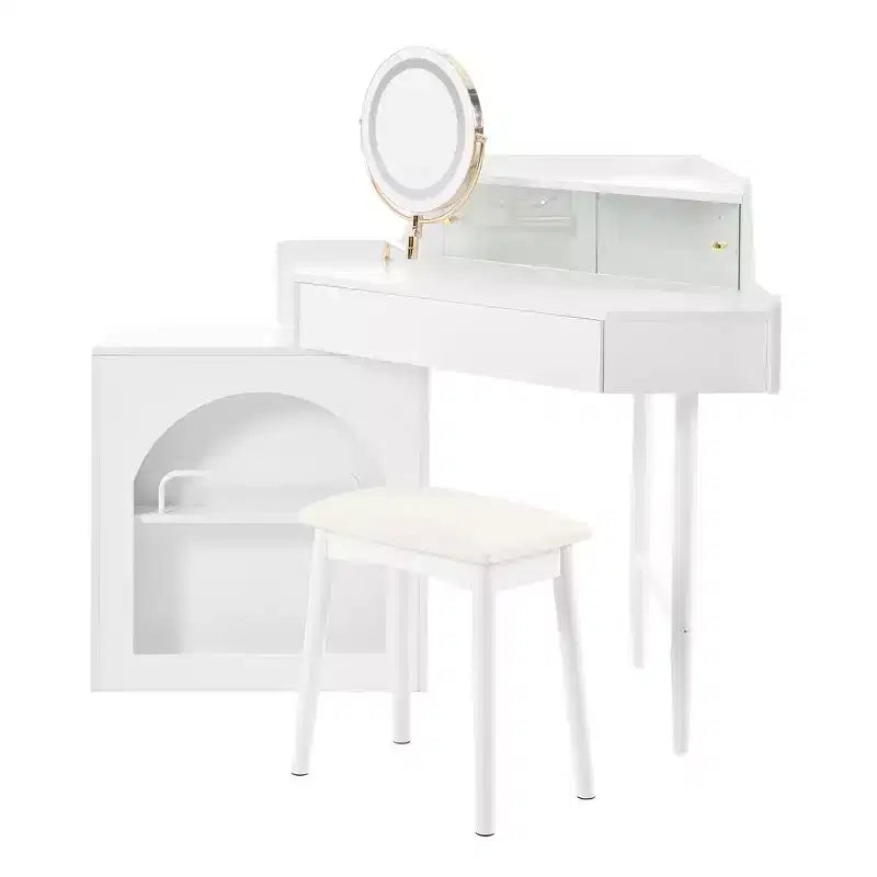 Toeletta d'angolo per trucco Whisen, set da trucco moderno, tavolo da trucco con specchio, sgabello e ampio spazio di archiviazione - Bianco