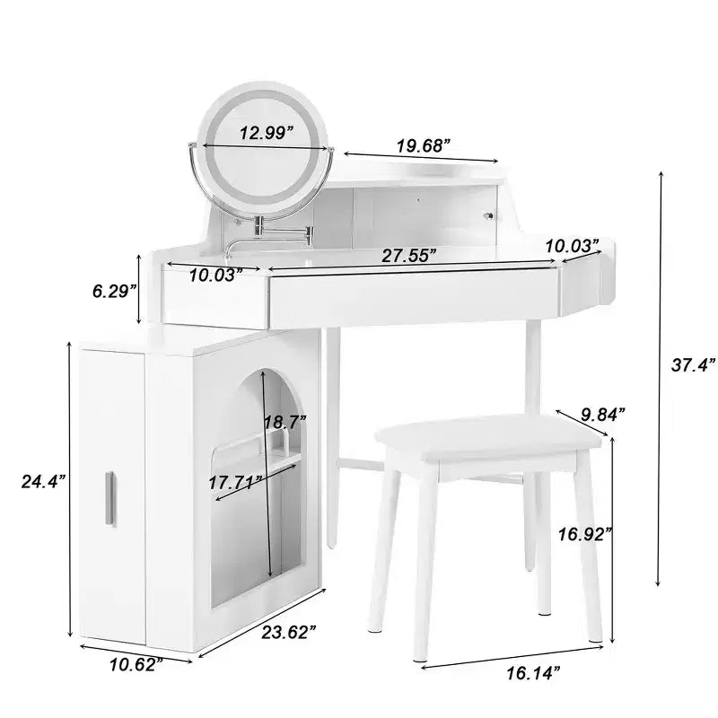 Toeletta d'angolo per trucco Whisen, set da trucco moderno, tavolo da trucco con specchio, sgabello e ampio spazio di archiviazione - Bianco