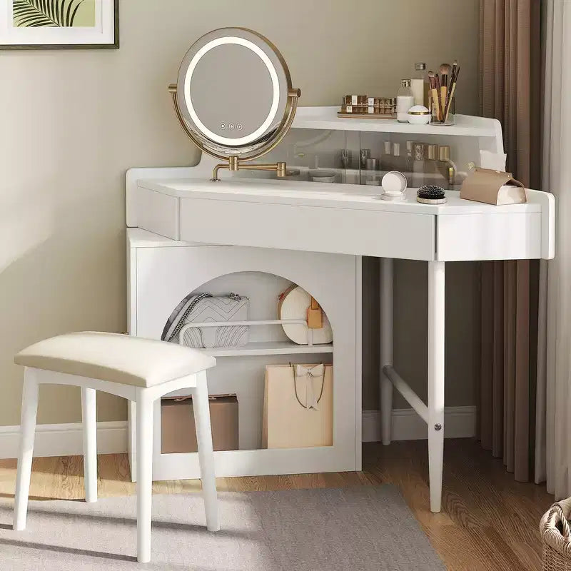 Toeletta d'angolo per trucco Whisen, set da trucco moderno, tavolo da trucco con specchio, sgabello e ampio spazio di archiviazione - Bianco
