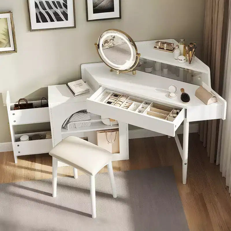 Toeletta d'angolo per trucco Whisen, set da trucco moderno, tavolo da trucco con specchio, sgabello e ampio spazio di archiviazione - Bianco