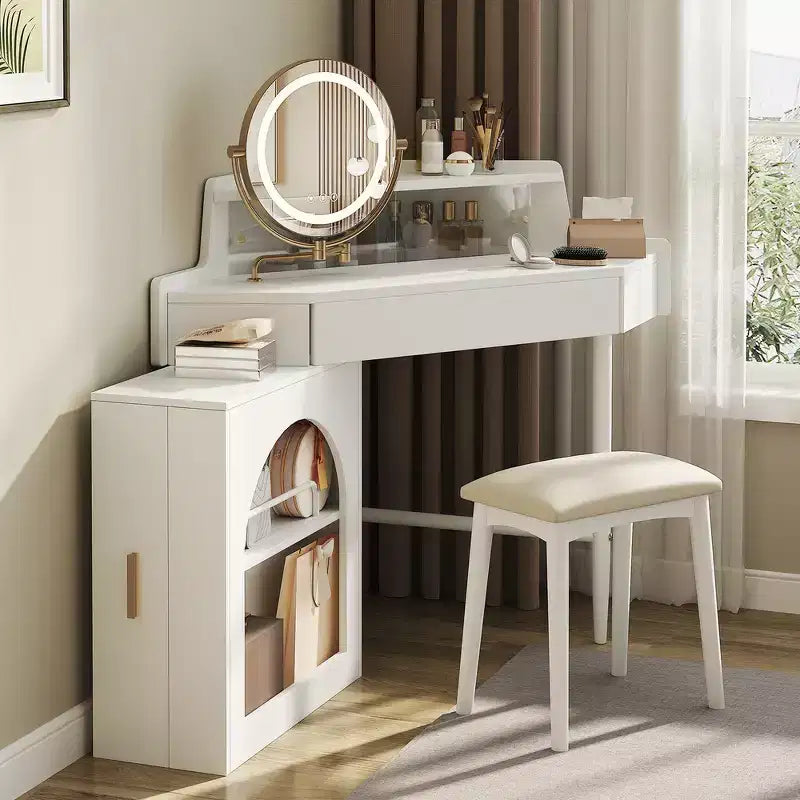 Toeletta d'angolo per trucco Whisen, set da trucco moderno, tavolo da trucco con specchio, sgabello e ampio spazio di archiviazione - Bianco