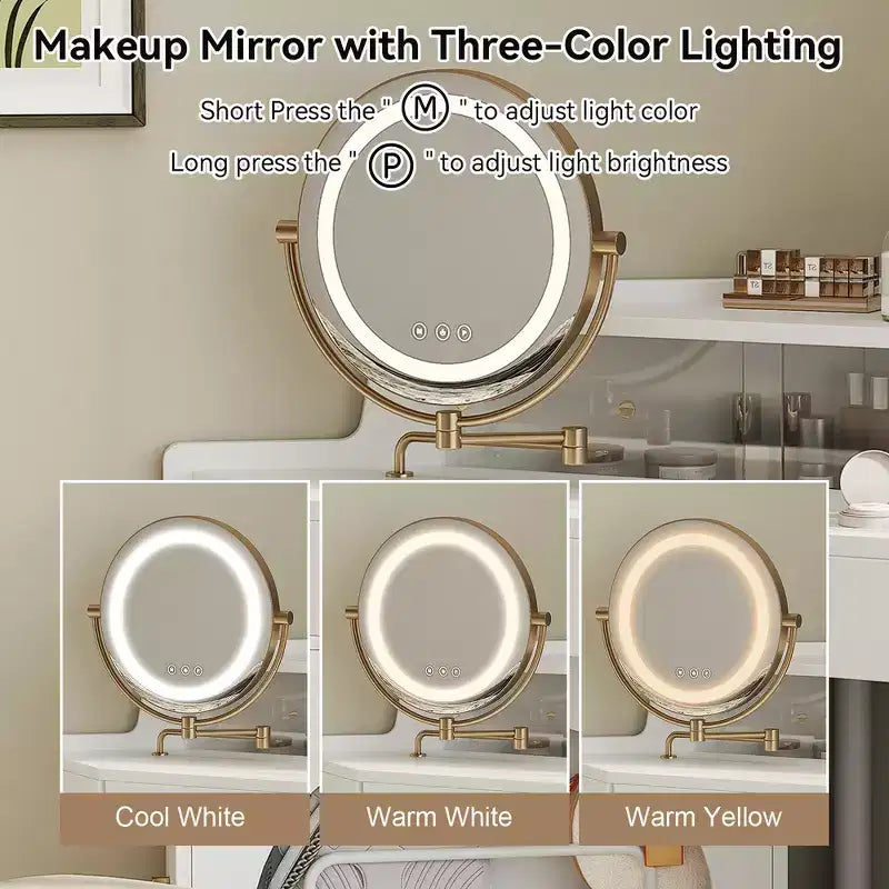 Toeletta d'angolo per trucco Whisen, set da trucco moderno, tavolo da trucco con specchio, sgabello e ampio spazio di archiviazione - Bianco