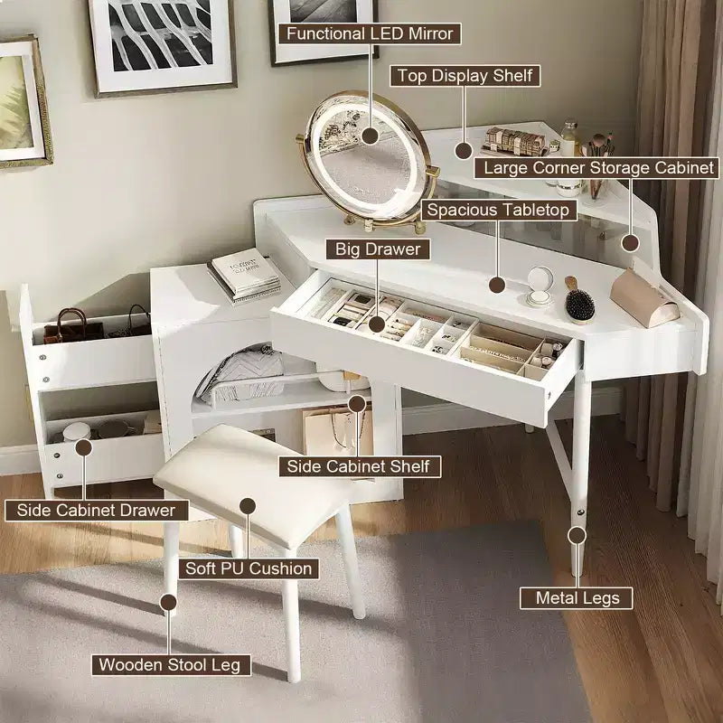 Toeletta d'angolo per trucco Whisen, set da trucco moderno, tavolo da trucco con specchio, sgabello e ampio spazio di archiviazione - Bianco