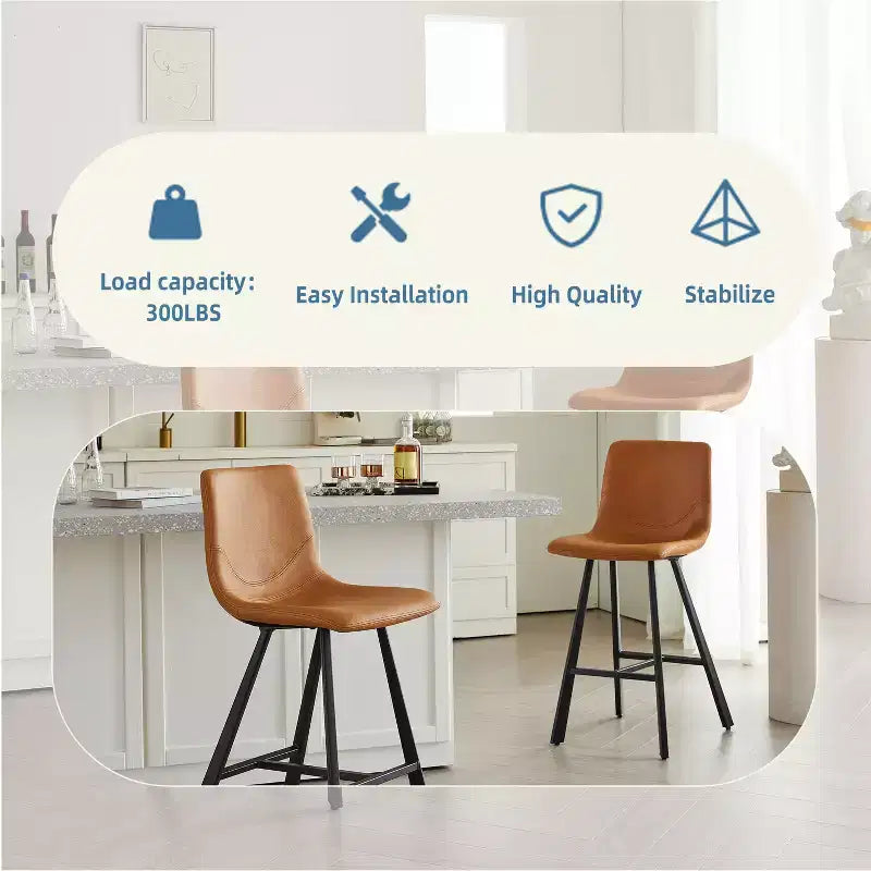 26H Sleek Bar Stools with Ergonomic Back,Set of 2,Counter Height Bar Stools for Kitchen Island,Sturdy Metal Frame,300lbs Capacity
