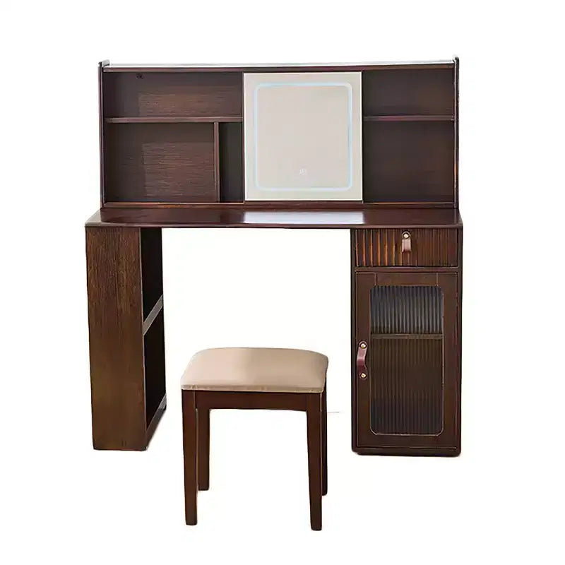 Scrivania da trucco elegante Whisen, moderno set toeletta con sgabello, specchio, ampi scaffali, cassetto e armadietto - Noce