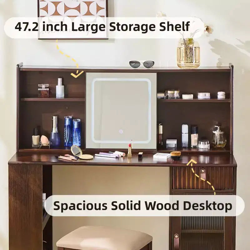Scrivania da trucco elegante Whisen, moderno set toeletta con sgabello, specchio, ampi scaffali, cassetto e armadietto - Noce