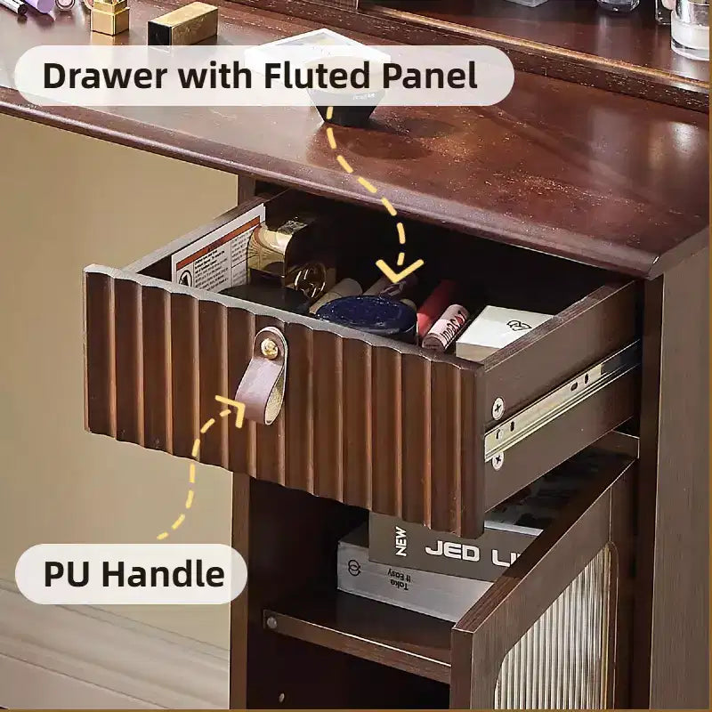Scrivania da trucco elegante Whisen, moderno set toeletta con sgabello, specchio, ampi scaffali, cassetto e armadietto - Noce