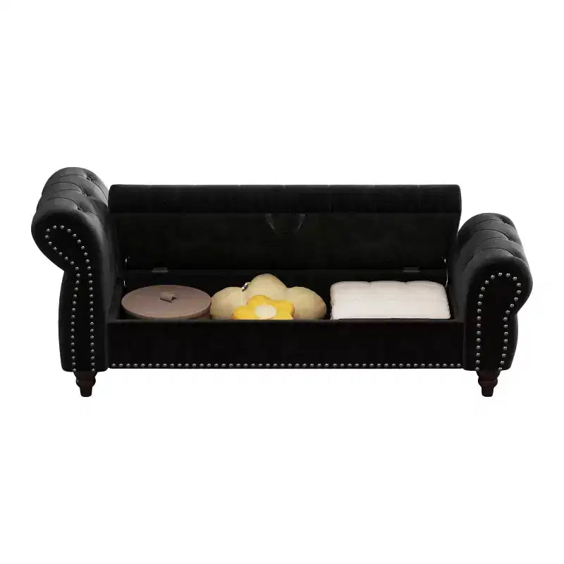 Panca da letto 64.5 per camera da letto, chaise longue capitonné con contenitore, rivestimento in velluto nero