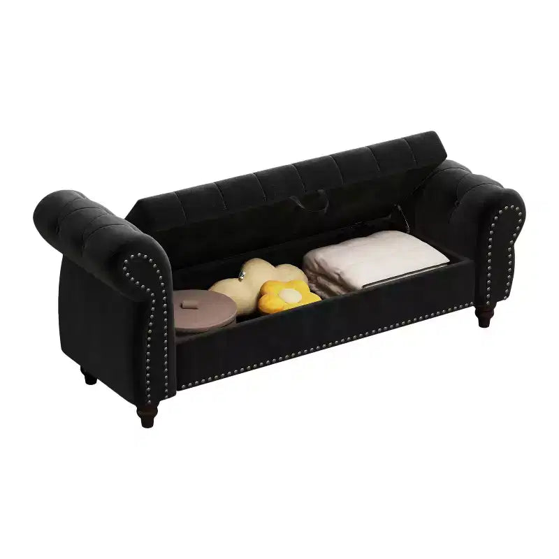 Panca da letto 64.5 per camera da letto, chaise longue capitonné con contenitore, rivestimento in velluto nero