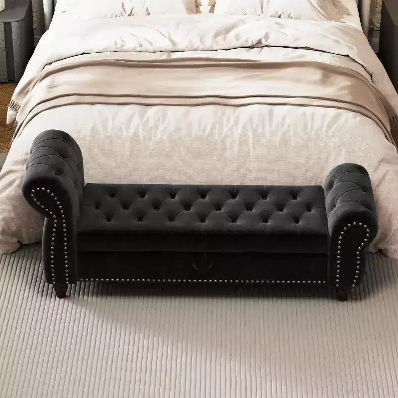 64.5 Bed Bench for Bed Room Nails Tufted Chaise of Lounge with Storage Velvet Upholstery Black