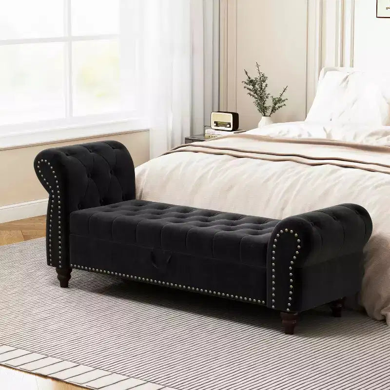 Panca da letto 64.5 per camera da letto, chaise longue capitonné con contenitore, rivestimento in velluto nero