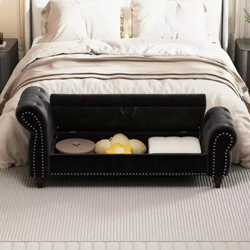 Panca da letto 64.5 per camera da letto, chaise longue capitonné con contenitore, rivestimento in velluto nero