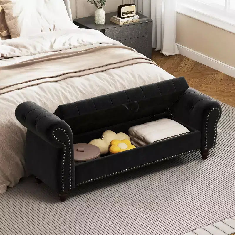 Panca da letto 64.5 per camera da letto, chaise longue capitonné con contenitore, rivestimento in velluto nero