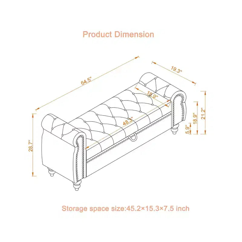 Panca da letto 64.5 per camera da letto, chaise longue capitonné con contenitore, rivestimento in velluto nero