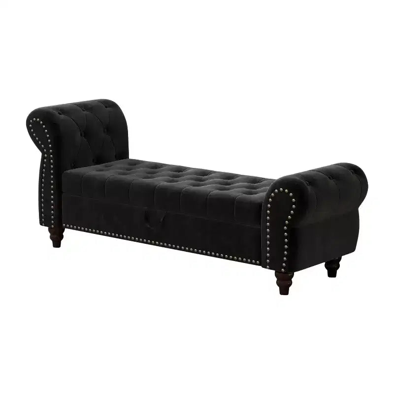 Panca da letto 64.5 per camera da letto, chaise longue capitonné con contenitore, rivestimento in velluto nero