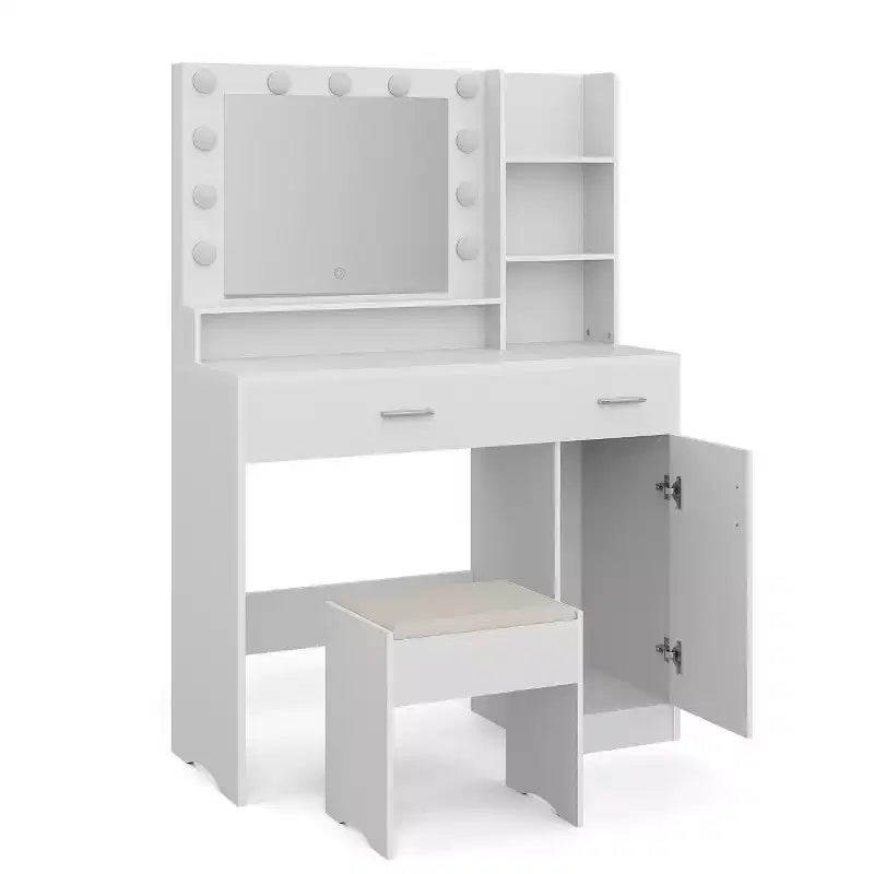 ALAULM Vanity desk w/3-Color LED Light, Mirror, Different Size Drawers&Stool, Modern style Makeup Vanity Set, for bedroom, White