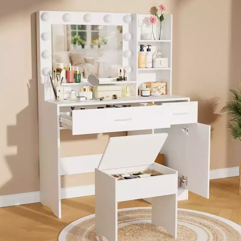 ALAULM Scrivania da trucco con luce LED a 3 colori, specchio, cassetti di diverse dimensioni e sgabello, set da toeletta in stile moderno, per camera da letto, bianco