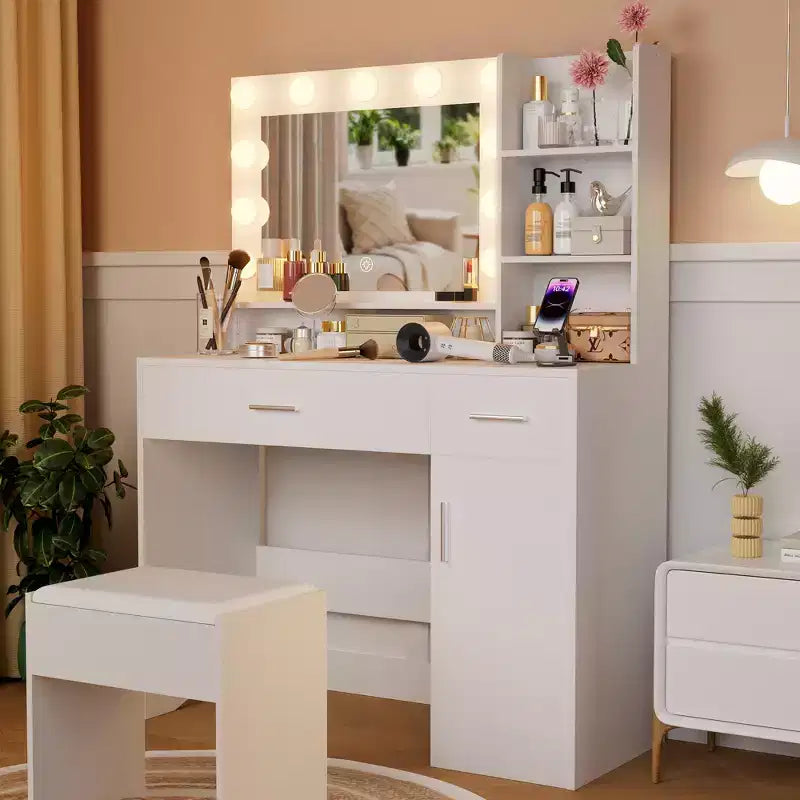 ALAULM Scrivania da trucco con luce LED a 3 colori, specchio, cassetti di diverse dimensioni e sgabello, set da toeletta in stile moderno, per camera da letto, bianco