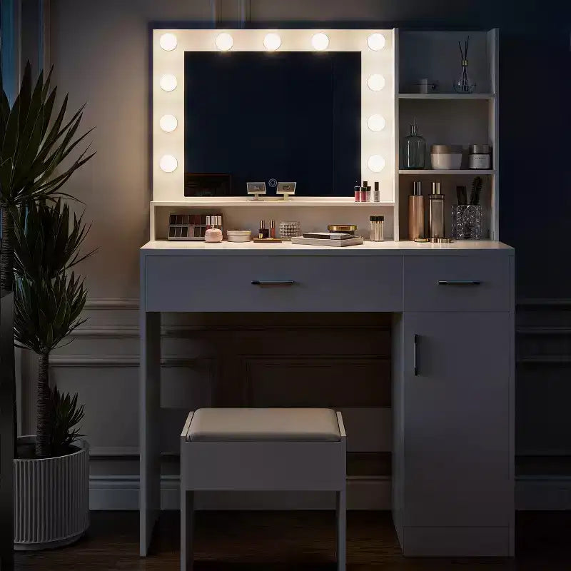 ALAULM Scrivania da trucco con luce LED a 3 colori, specchio, cassetti di diverse dimensioni e sgabello, set da toeletta in stile moderno, per camera da letto, bianco