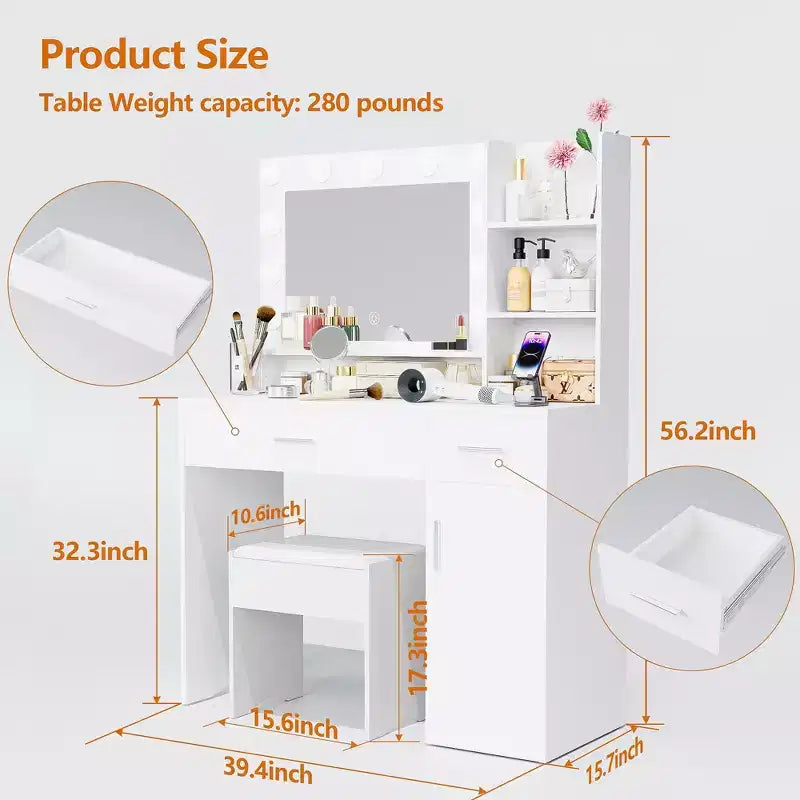 ALAULM Scrivania da trucco con luce LED a 3 colori, specchio, cassetti di diverse dimensioni e sgabello, set da toeletta in stile moderno, per camera da letto, bianco
