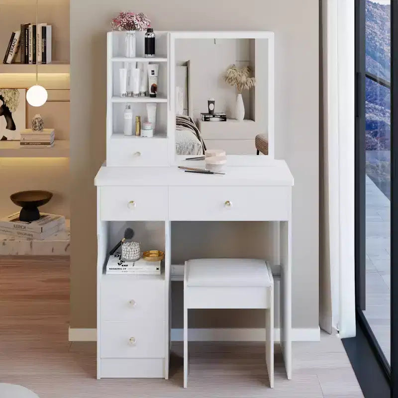 Okak 29.2/37IN Vanity Table with Cushioned Stool, High Capacity Makeup Vanity with Multi Layer, Makeup Desk for Small Space