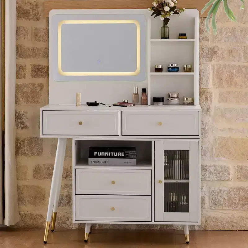 Okak Mobile Trucco Moderno con Specchio, Tavolo da Toeletta Retrattile con Presa Elettrica e Sgabello, Set da Toeletta per Camera da Letto, Spogliatoio