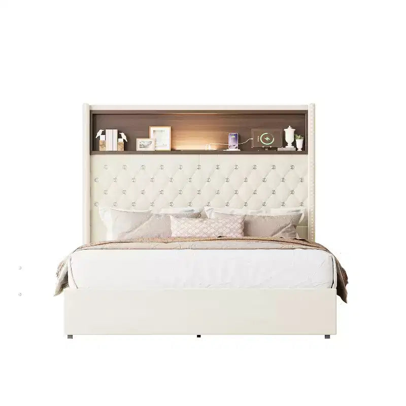 Struttura letto imbottita in velluto Queen Size con porta USB e luce notturna, letto a piattaforma con testiera ad ali e decorazioni a rivetti e mensola