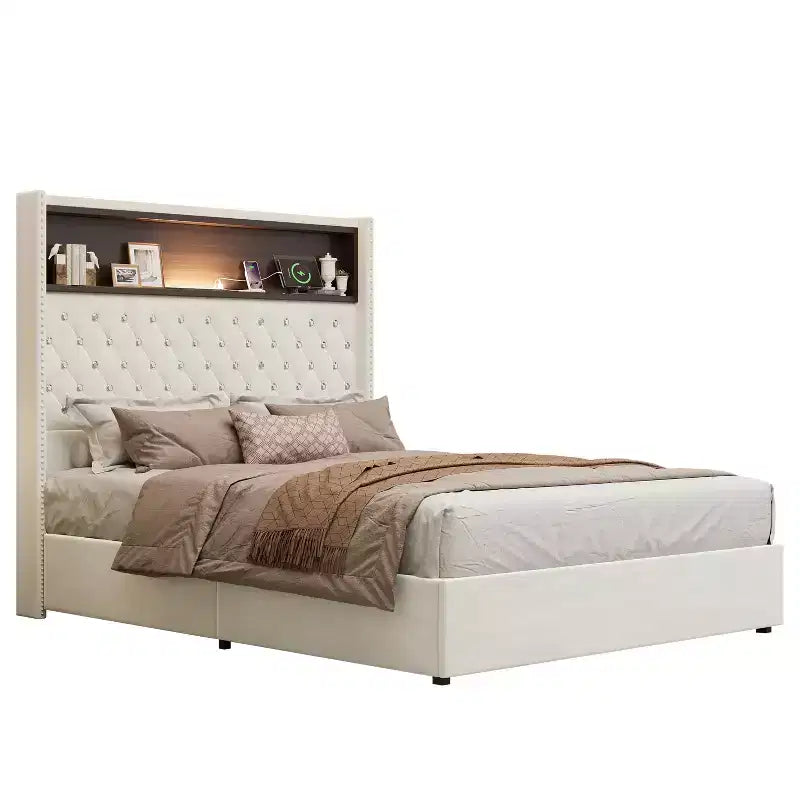 Struttura letto imbottita in velluto Queen Size con porta USB e luce notturna, letto a piattaforma con testiera ad ali e decorazioni a rivetti e mensola