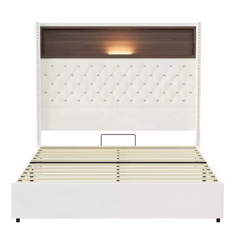 Struttura letto imbottita in velluto Queen Size con porta USB e luce notturna, letto a piattaforma con testiera ad ali e decorazioni a rivetti e mensola