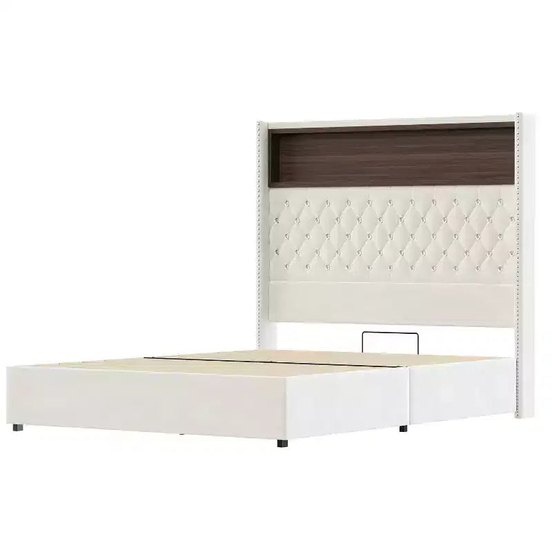 Struttura letto imbottita in velluto Queen Size con porta USB e luce notturna, letto a piattaforma con testiera ad ali e decorazioni a rivetti e mensola