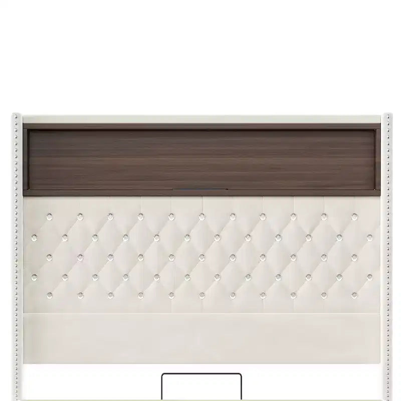 Struttura letto imbottita in velluto Queen Size con porta USB e luce notturna, letto a piattaforma con testiera ad ali e decorazioni a rivetti e mensola