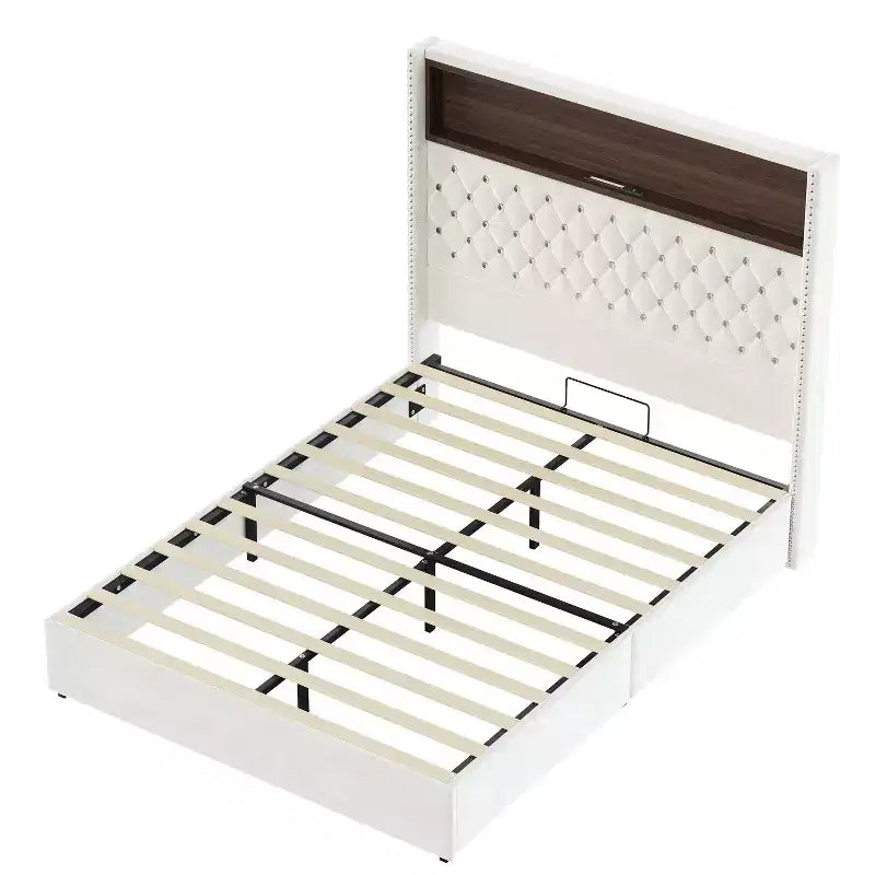 Struttura letto imbottita in velluto Queen Size con porta USB e luce notturna, letto a piattaforma con testiera ad ali e decorazioni a rivetti e mensola