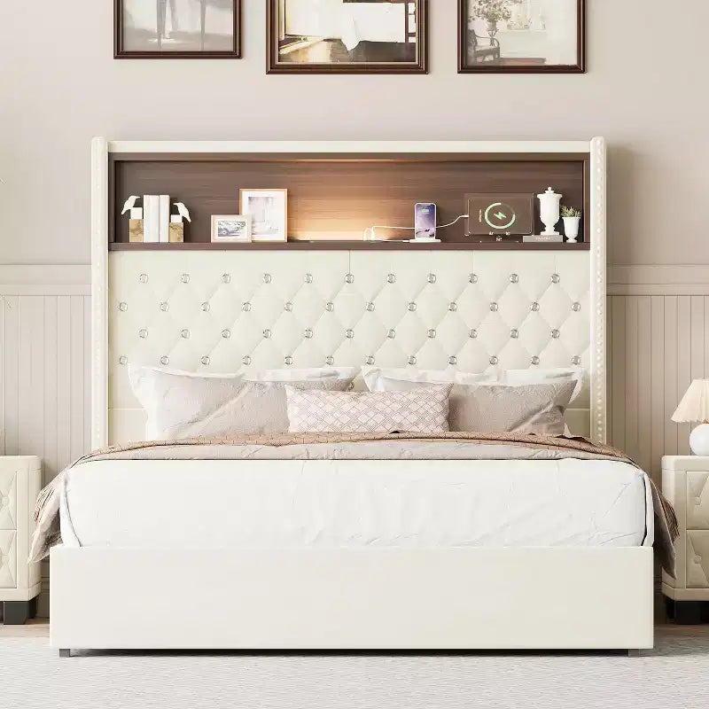Struttura letto imbottita in velluto Queen Size con porta USB e luce notturna, letto a piattaforma con testiera ad ali e decorazioni a rivetti e mensola