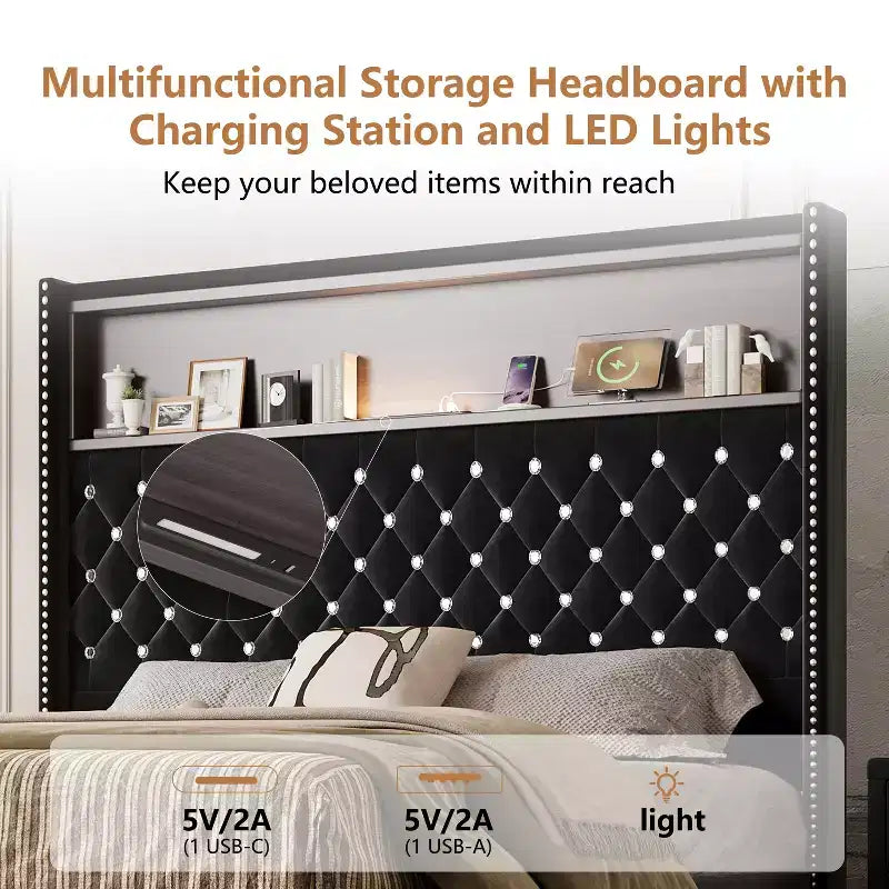 Struttura letto imbottita in velluto Queen Size con porta USB e luce notturna, letto a piattaforma con testiera ad ali e decorazioni a rivetti e mensola