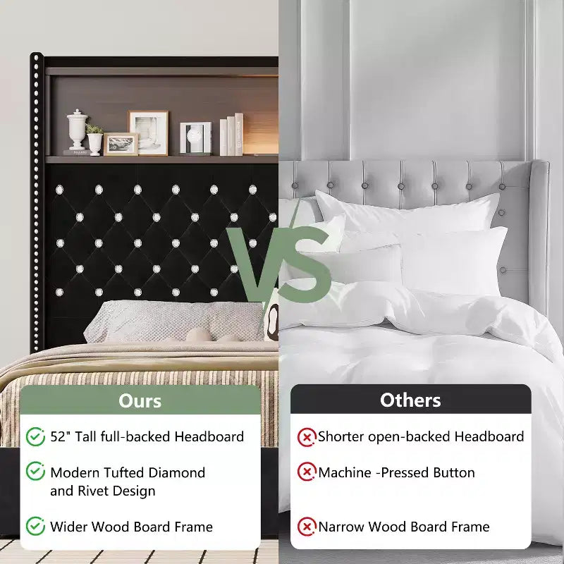 Struttura letto imbottita in velluto Queen Size con porta USB e luce notturna, letto a piattaforma con testiera ad ali e decorazioni a rivetti e mensola