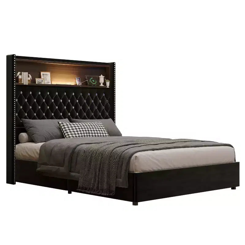 Struttura letto imbottita in velluto Queen Size con porta USB e luce notturna, letto a piattaforma con testiera ad ali e decorazioni a rivetti e mensola