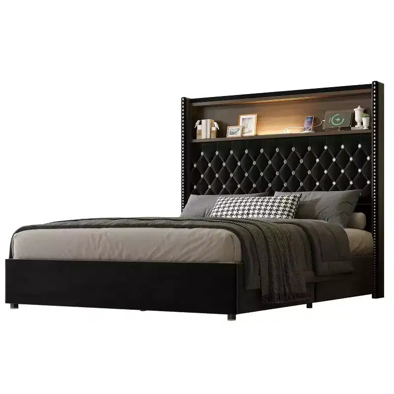 Struttura letto imbottita in velluto Queen Size con porta USB e luce notturna, letto a piattaforma con testiera ad ali e decorazioni a rivetti e mensola