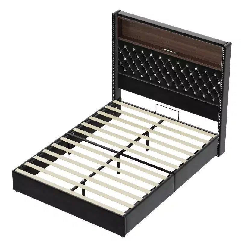 Struttura letto imbottita in velluto Queen Size con porta USB e luce notturna, letto a piattaforma con testiera ad ali e decorazioni a rivetti e mensola