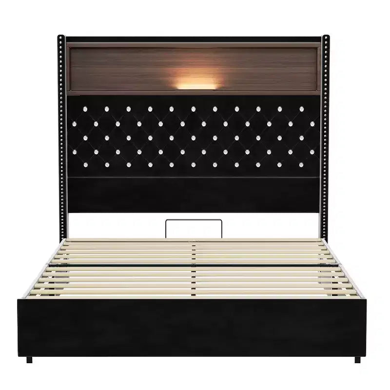 Struttura letto imbottita in velluto Queen Size con porta USB e luce notturna, letto a piattaforma con testiera ad ali e decorazioni a rivetti e mensola