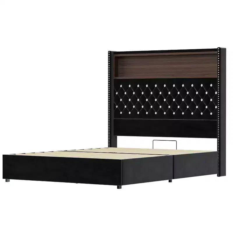 Struttura letto imbottita in velluto Queen Size con porta USB e luce notturna, letto a piattaforma con testiera ad ali e decorazioni a rivetti e mensola