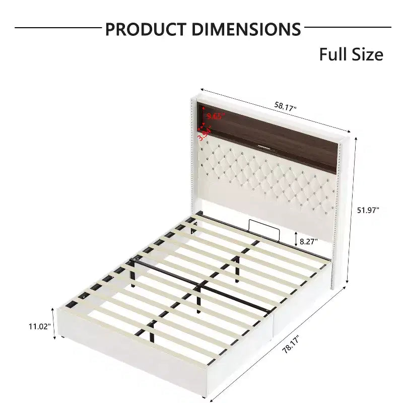Struttura letto imbottita in velluto Queen Size con porta USB e luce notturna, letto a piattaforma con testiera ad ali e decorazioni a rivetti e mensola
