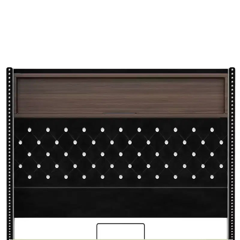 Struttura letto imbottita in velluto Queen Size con porta USB e luce notturna, letto a piattaforma con testiera ad ali e decorazioni a rivetti e mensola