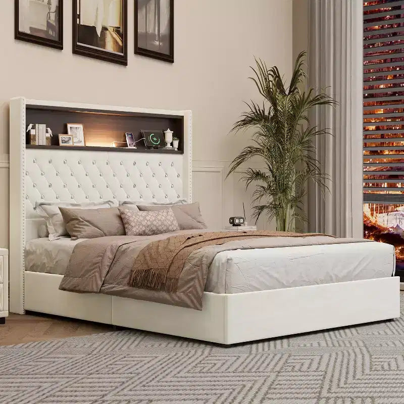 Struttura letto imbottita in velluto Queen Size con porta USB e luce notturna, letto a piattaforma con testiera ad ali e decorazioni a rivetti e mensola